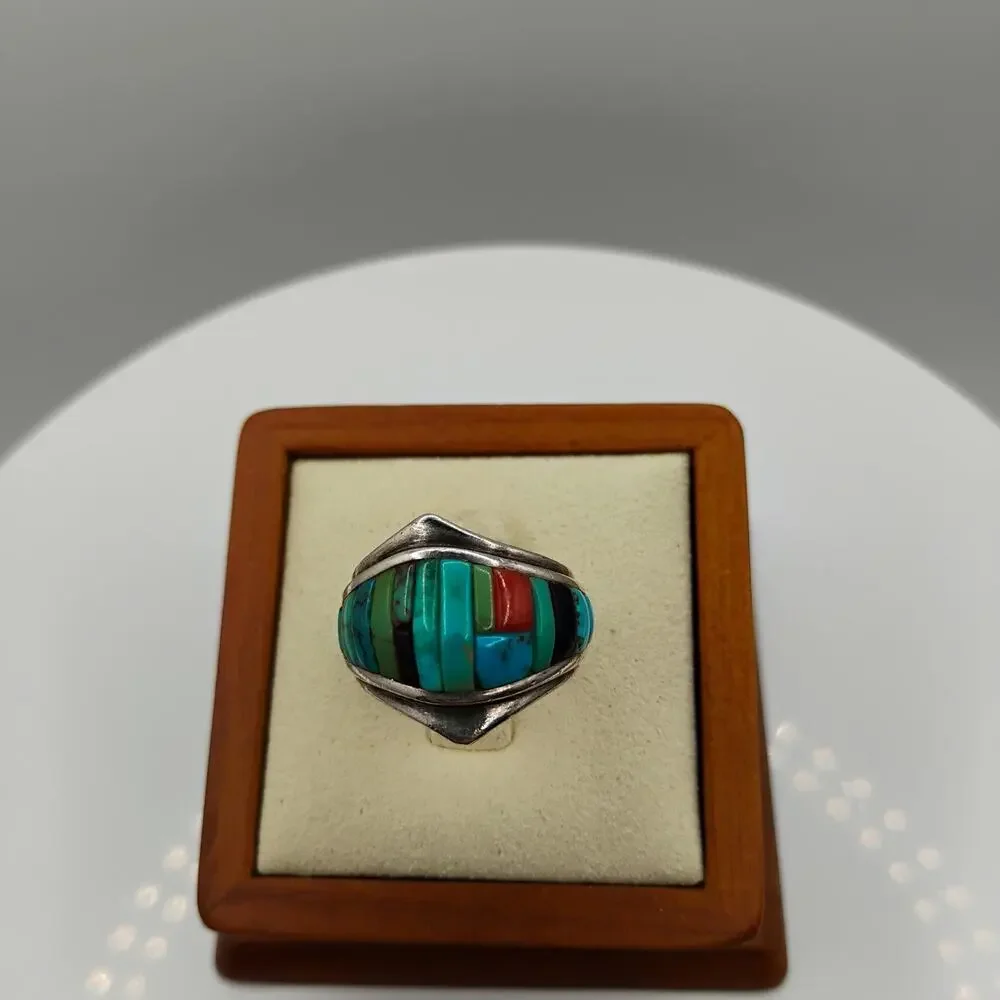 Native American Hopi Turquoise Inlay Ring Size 6.25 - Picture 3 of 8